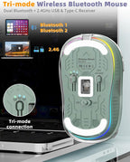 Bluetooth Wireless Mouse, Transparent RGB Tri-Modes Mouse,Bluetooth & 2.4GHz for Multi Device, USB-C Receiver Ideal for MacBook/Laptops, Rechargeable, Silent, Portable, Cool LED, Ergonomic - Green