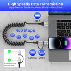 USB to USB-C and Lightning Cable 2 in 1 Coiled Cable Support Aple Carplay & Android Auto [MFi & 3A Fast Charge & Data Sync] Coiled Lightning and USB C Cable for iPhone 17/16/15/14/13/Android, Silver