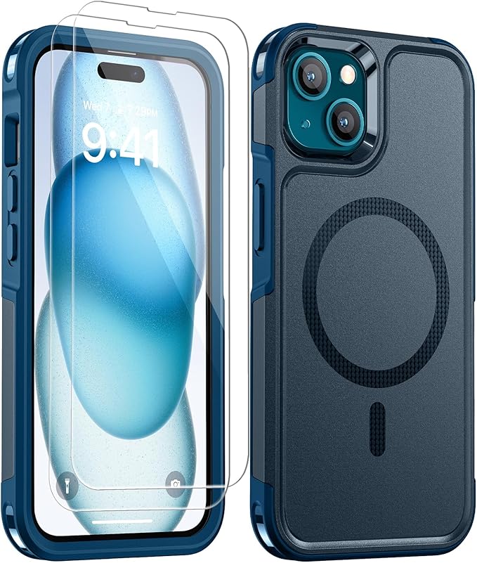 Lanhiem for iPhone 15 Case Magnetic, [2 Pack Tempered Glass Screen Protector][Compatible with MagSafe][10 FT Military Grade Shockproof] Heavy Duty Tough Rugged Phone Cover for iPhone 15 - Dark Blue