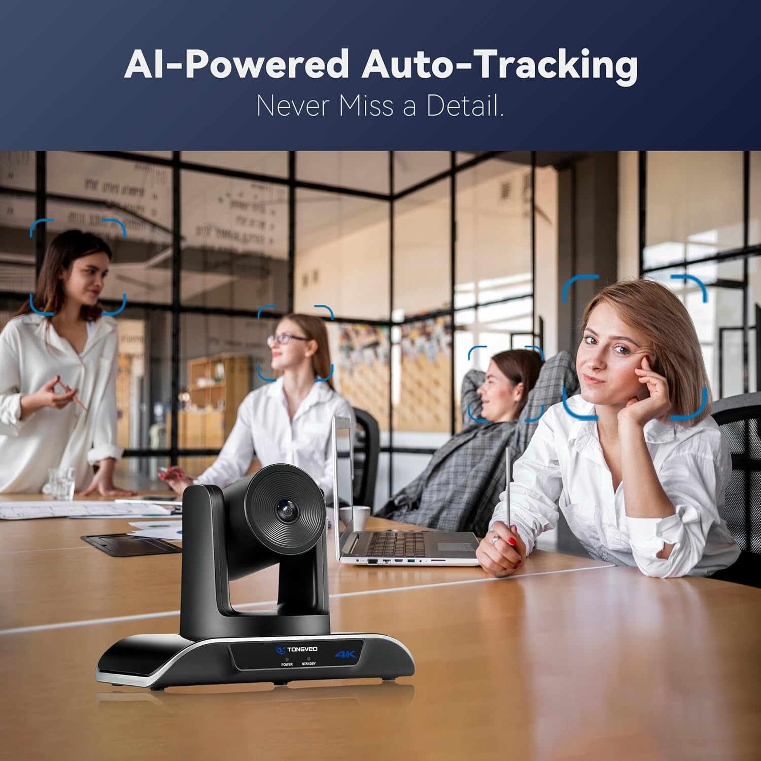 TONGVEO 4K PTZ Camera with AI-Powered Auto-Tracking 5X Digital Zoom USB 3.0 120-Degree Wide-Angle PTZ Webcam for Video Conference YouTube/Teams/Zoom Meeting Live Streaming