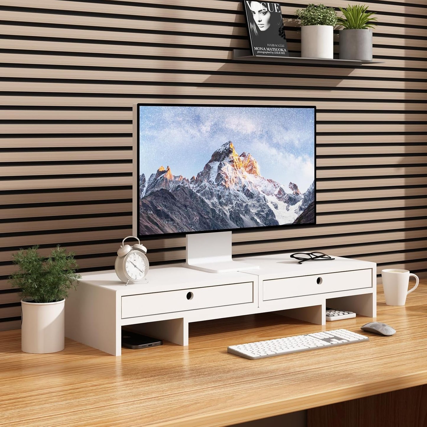 LAPTAIN Monitor Stand with 2 Drawers, Dual Monitor Stand Riser with Adjustable Length and Angle, Desktop Organizer Stand for Laptop/PC/Computer, No Assembly Required, Solid Wood