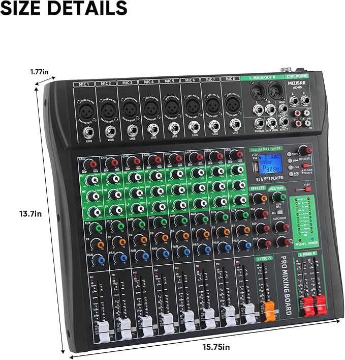 8 Channel Audio Mixer, Professional DJ Mixer Board Sound Music Mixing Console Digital Mixer with Reverb, Bluetooth, USB Port, 48V Phantom Power for Recording Karaoke Podcasting