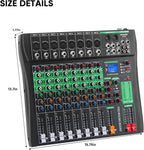 8 Channel Audio Mixer, Professional DJ Mixer Board Sound Music Mixing Console Digital Mixer with Reverb, Bluetooth, USB Port, 48V Phantom Power for Recording Karaoke Podcasting