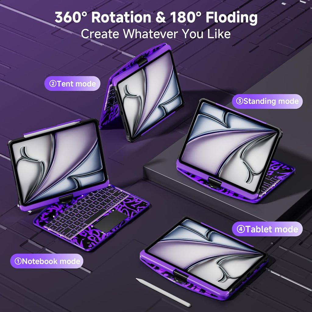 Keyboard Case for 12.9 inch iPad Pro 6/5/4/3rd Gen & 13 inch iPad Air (2025 M3, 2024 M2) Wireless Keyboard with Trackpad 7 Color Backlit, Transparent Protective Cover with Pencil Holder (Purple)