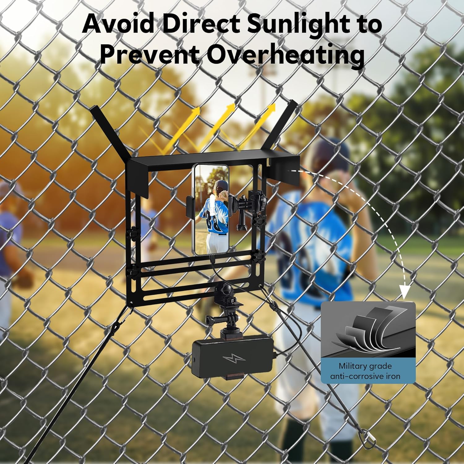 Cell Phone Fence Mount with Shade, Fence Phone Holder Mounting Kit for iPhone, GoPro, Mevo Start, Insta360 and Other Action Cameras, Streaming Kit for Recording Baseball, Softball and Tennis