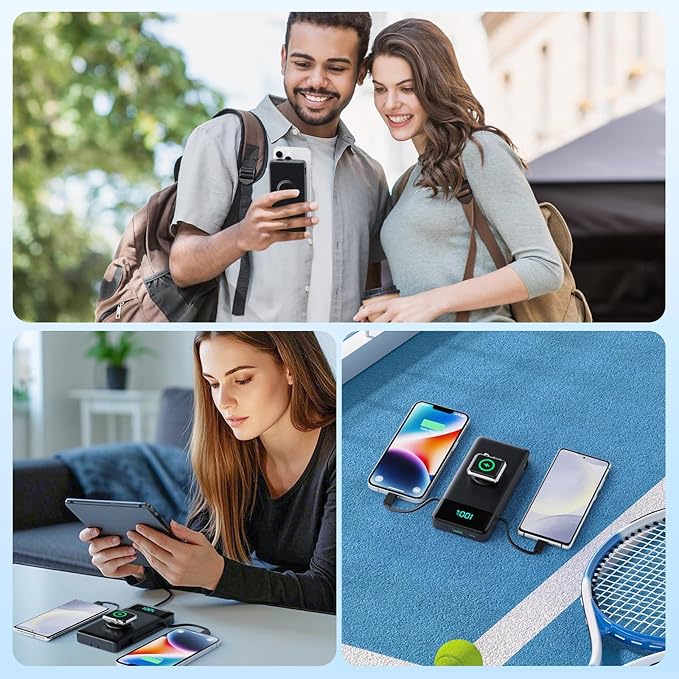 Portable Charger for iPhone with Built in Cables & Wall Plug,6-in-1 10800mah Power Bank with iWatch Charger, QC4.0+25W PD Fast Charging LCD Display Battery Pack for iPhone 16/15/14,Android