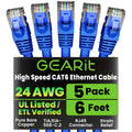 GEARit Cat 6 Ethernet Cable Pack - 5-Pack 6 ft Cat6 Ethernet Patch Cables | RJ45 Network Patch Cable, 10 Gbps Snagless Gold-Plated Connectors - Ethernet Cable Cat 6 for PC, TV, Router - Blue