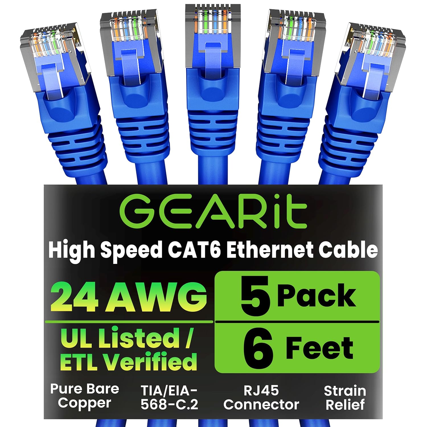 GEARit Cat 6 Ethernet Cable Pack - 5-Pack 6 ft Cat6 Ethernet Patch Cables | RJ45 Network Patch Cable, 10 Gbps Snagless Gold-Plated Connectors - Ethernet Cable Cat 6 for PC, TV, Router - Blue
