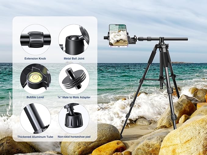 Elitehood Ultra-Stable Overhead Tripod for iPhone – Heavy Duty Aluminum iPhone Tripod Stand, 360°Adjustable & 25in Horizontal Long Phone Arm, Tall Phone Holder Stand Mount for Recording