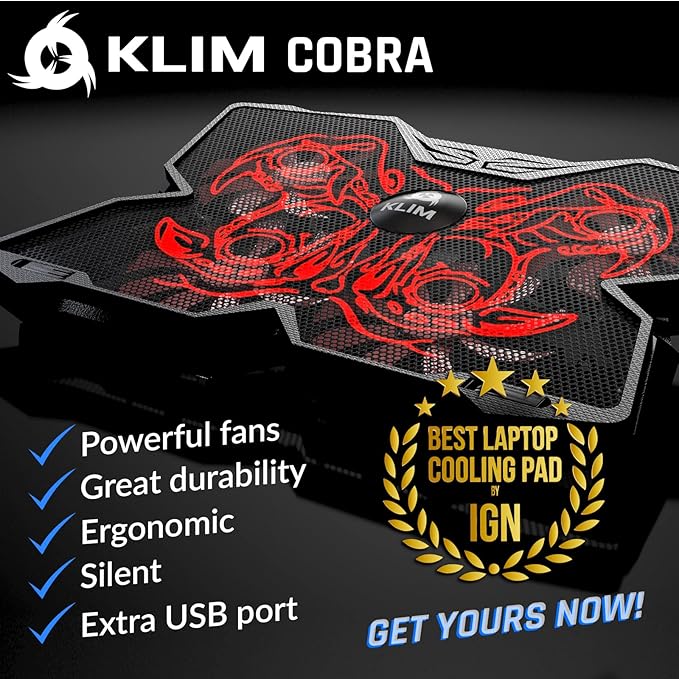 KLIM Wind Laptop Cooling Pad - More Than 500,000 Units Sold - New - Powerful Rapid Action Laptop Cooler - Laptop Stand with 4 Cooling Fans - 2 USB Ports - PC Mac PS5 PS4 Xbox One - Cobra Red