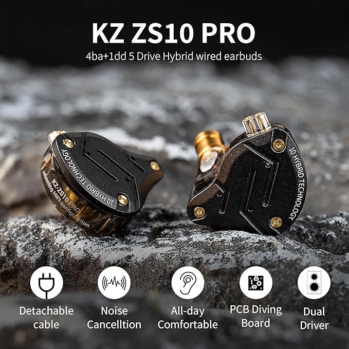 Kinboofi KZ ZS10 Pro IEM Headphone, in Ear Monitor Headphone, 4BA 1DD KZ Wired Earphone Multi Driver in Ear Earphone,IEM Earphone on Stage Monitor for Singer Guitarist Drummer (Matte Black No Mic)