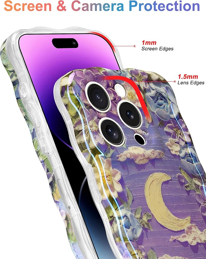 Jusy Compatible with iPhone 14 Pro Max, Colorful Retro Oil Painting Printed Flower Laser Glossy Pattern Cute Curly Wave Phone Case Soft TPU Cover for Girly Women - Purple Moon