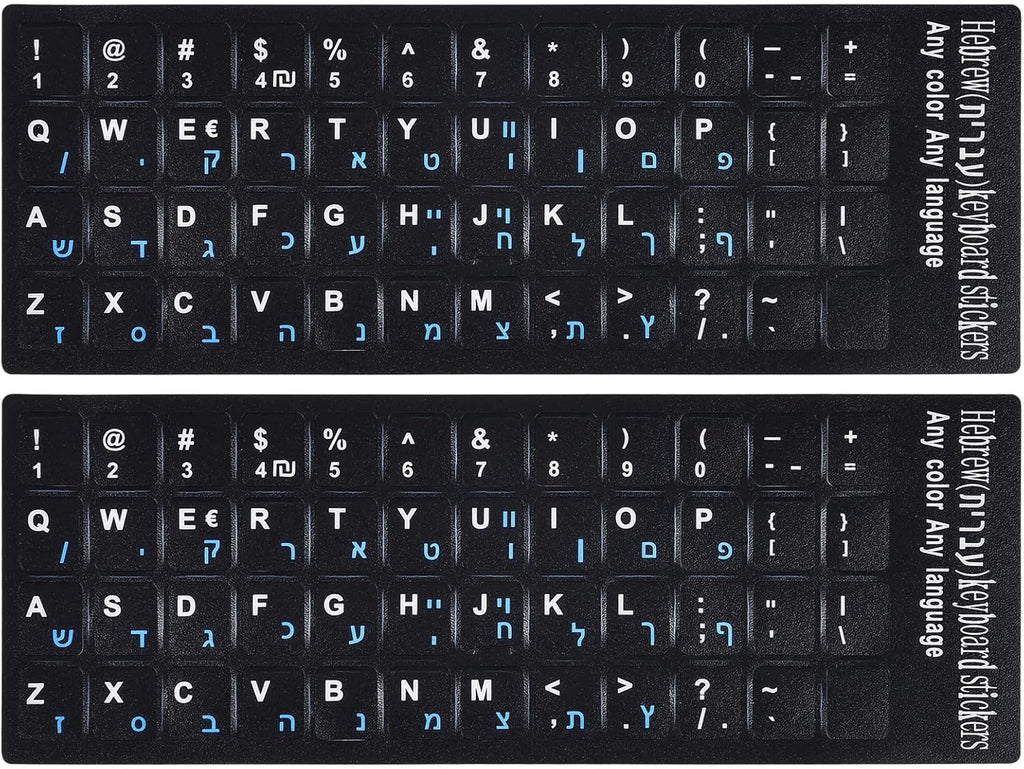 2PCS Hebrew English Keyboard Stickers Black Background with Blue Letters Replacement Stickers for PC Computer Laptop Notebook Desktop Keyboards -Each Unit: 0.43" x 0.51"