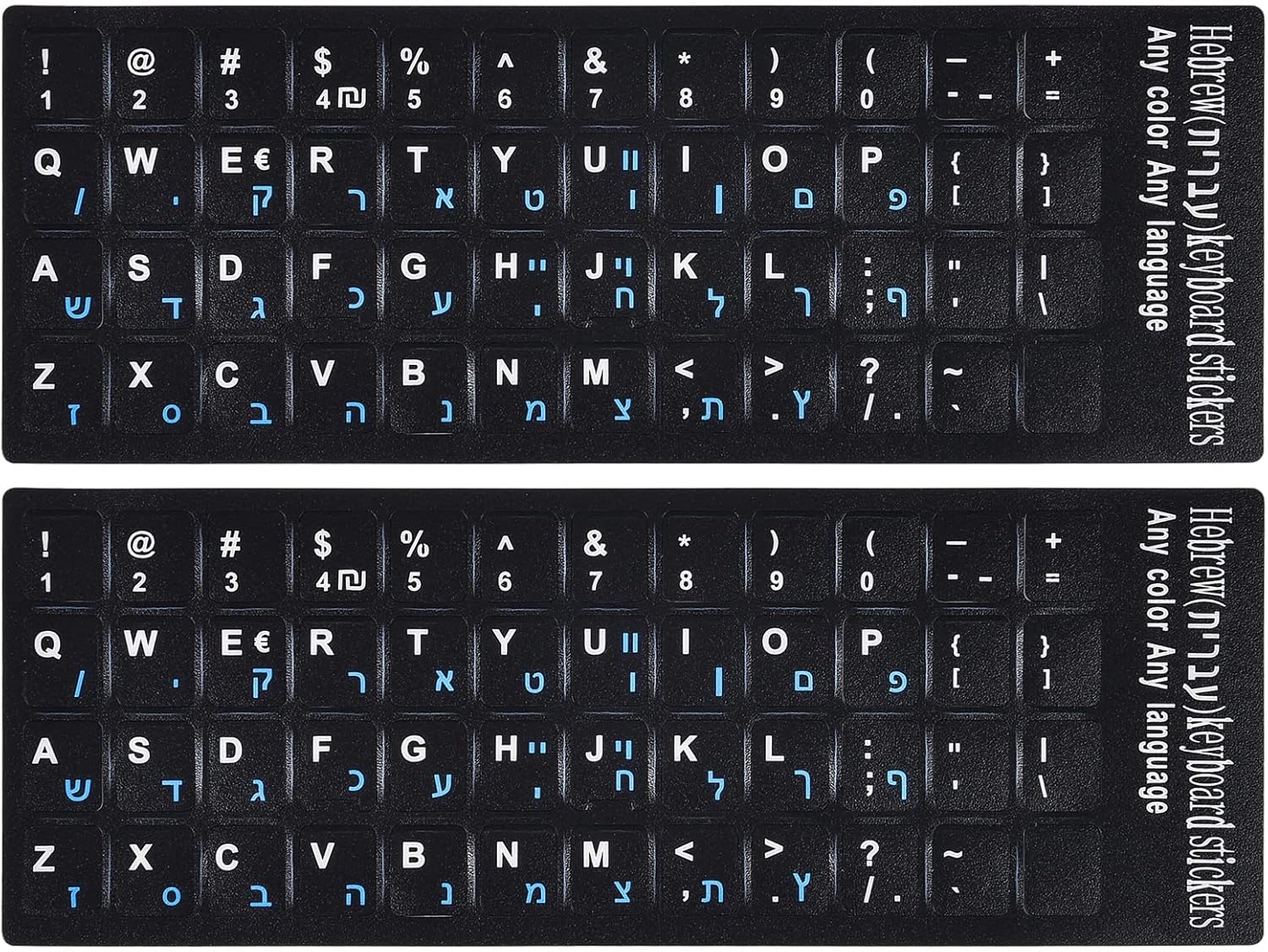 2PCS Hebrew English Keyboard Stickers Black Background with Blue Letters Replacement Stickers for PC Computer Laptop Notebook Desktop Keyboards -Each Unit: 0.43" x 0.51"