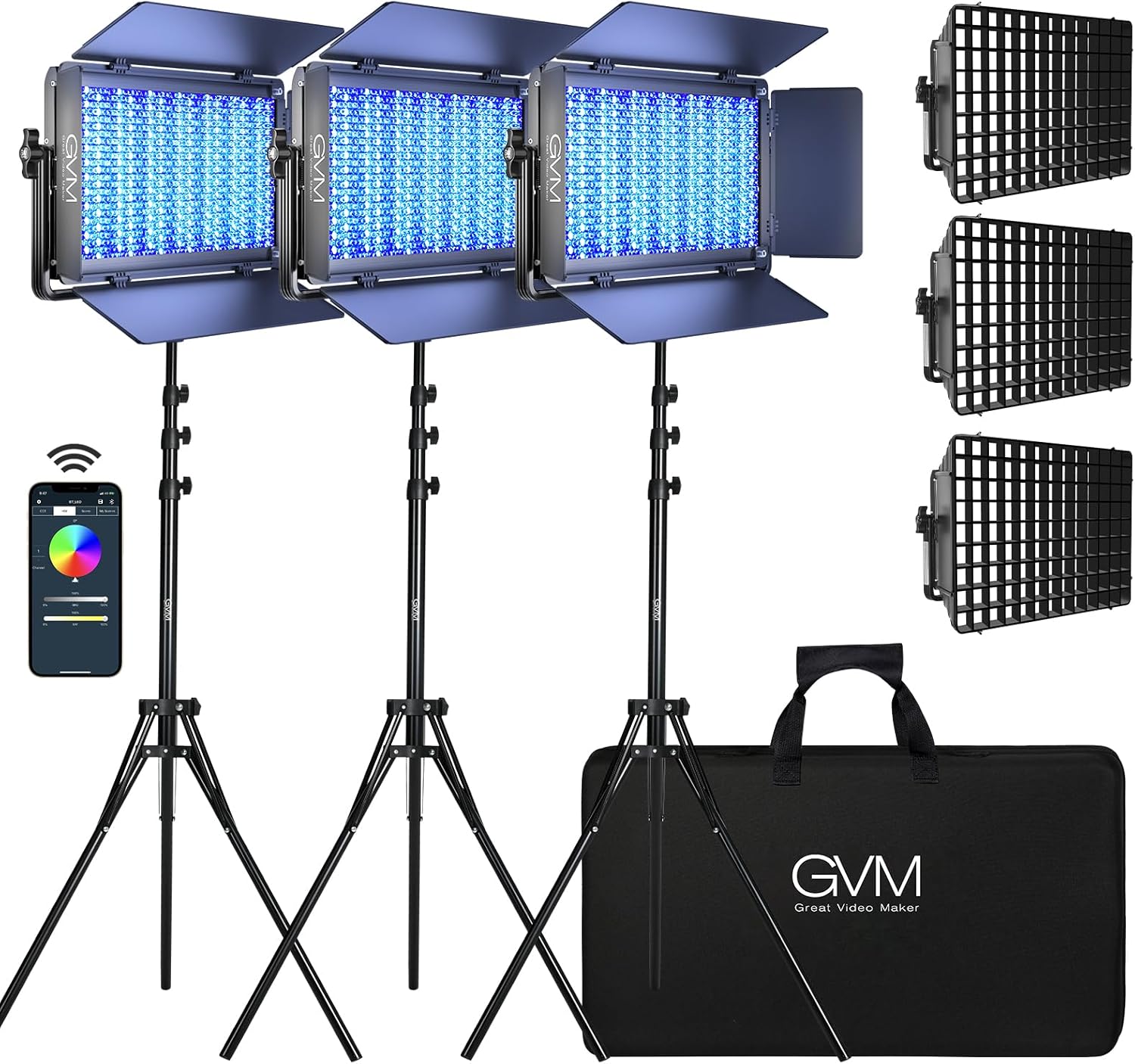 GVM 1500D RGB LED Video Light with Softbox, 75W Video Lighting Kit with Bluetooth Control, 3 Packs Led Panel Light for Photography, YouTube Studio, Broadcasting, 18 Kinds Lighting Scene