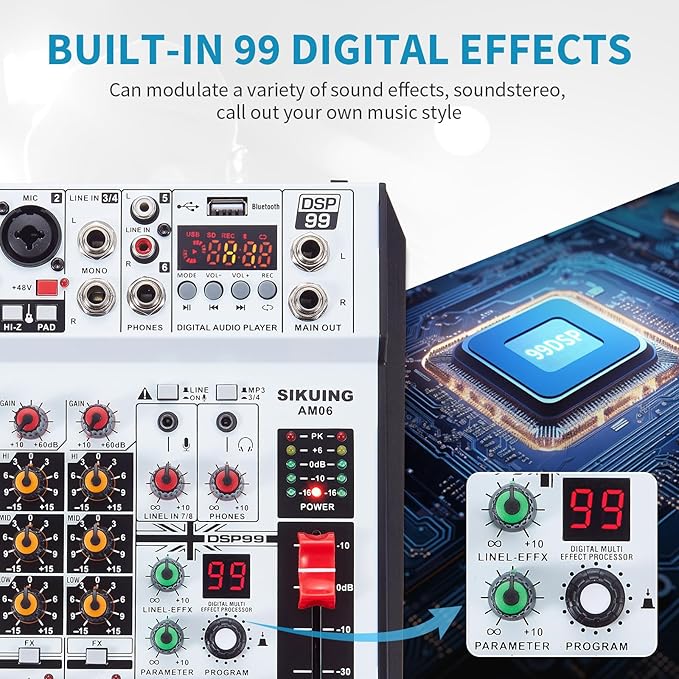 6 Channel Audio Mixer Professional Sound Board Console w/99 DSP Effects 48V Phantom Power Bluetooth USB Interface Stereo DJ Mixer Board for Karaoke Live Performance DJ Stage