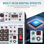 6 Channel Audio Mixer Professional Sound Board Console w/99 DSP Effects 48V Phantom Power Bluetooth USB Interface Stereo DJ Mixer Board for Karaoke Live Performance DJ Stage