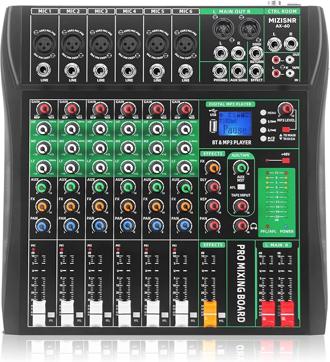 6 Channel Audio Mixer, Professional DJ Mixer Board Sound Music Mixing Console Digital Mixer with Reverb, Bluetooth, USB Port, 48V Phantom Power for Recording Karaoke Podcasting