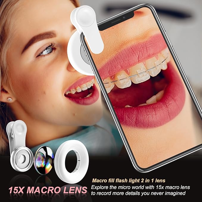 15X Macro Lens with LED Ring Light for iPhone & Android - Rechargeable Portable Clip-On Lens for Smartphone Photography, Vlogging, Close-Up Photos & Video Recording - 3 Light Modes, USB Fast Charging