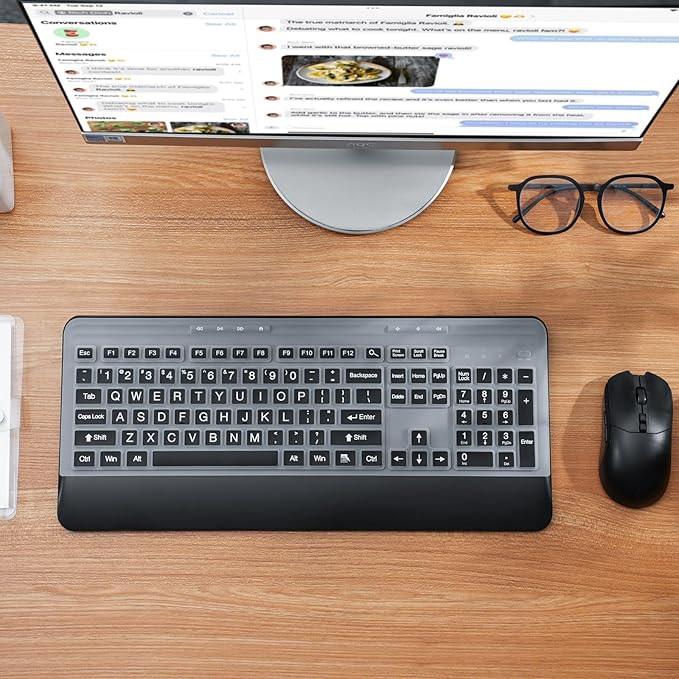 Wireless Keyboard and Mouse Set with Quiet Keys, 2.4G Full Size Ergonomic Keyboard with Wrist Rest, Protective Covers, Soft Touch Silent Design for Windows, Computer, PC and Laptop