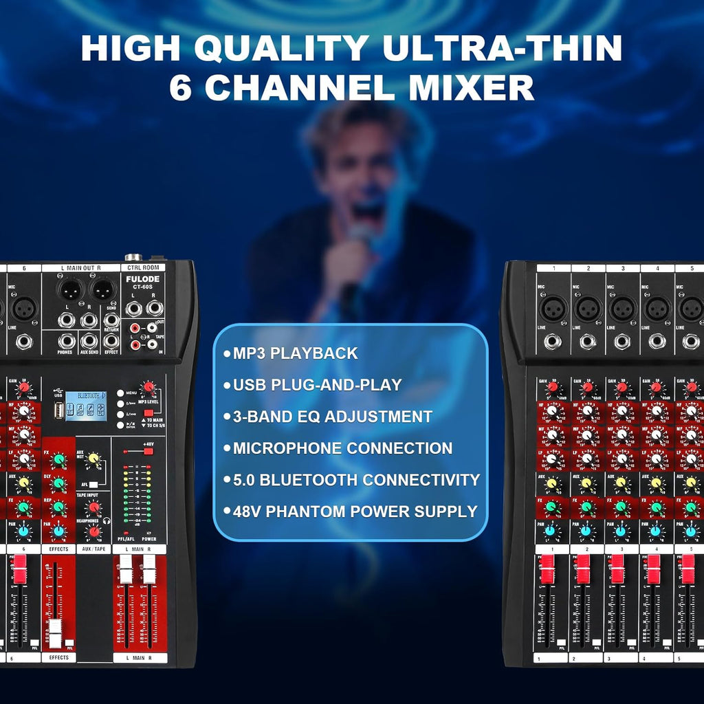 6 Channel Audio Mixer, Professional Music Mixer Board DJ Mixing Console with Bluetooth, USB/MP3 Player, Reverb, and 48V Phantom Power for Studio Recording, Karaoke, and Live Performances