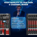 6 Channel Audio Mixer, Professional Music Mixer Board DJ Mixing Console with Bluetooth, USB/MP3 Player, Reverb, and 48V Phantom Power for Studio Recording, Karaoke, and Live Performances