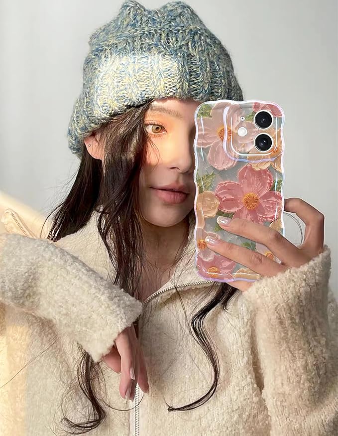 Jusy Case for iPhone 12, Colorful Retro Oil Painting Printed Flower Laser Blue Glossy Pattern Cute Curly Wave Phone Case Soft TPU Cover for Girly Women -Green