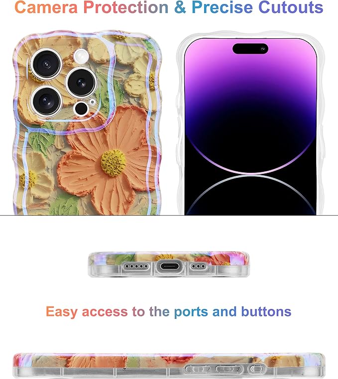 Jusy Compatible with iPhone 16 Pro Max, Colorful Retro Oil Painting Printed Flower Laser Glossy Pattern Cute Curly Wave Phone Case Soft TPU Cover for Girly Women - Orange Yellow