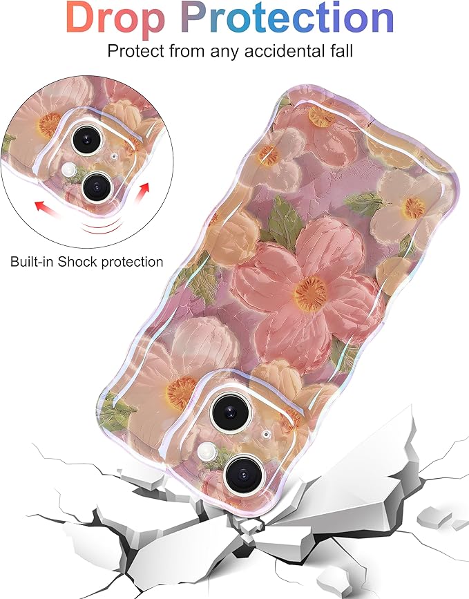 Jusy Case for iPhone 14 Plus/15 Plus, Colorful Retro Oil Painting Printed Flower Laser Blue Glossy Pattern Cute Curly Wave Phone Case Soft TPU Cover for Girly Women -Pink