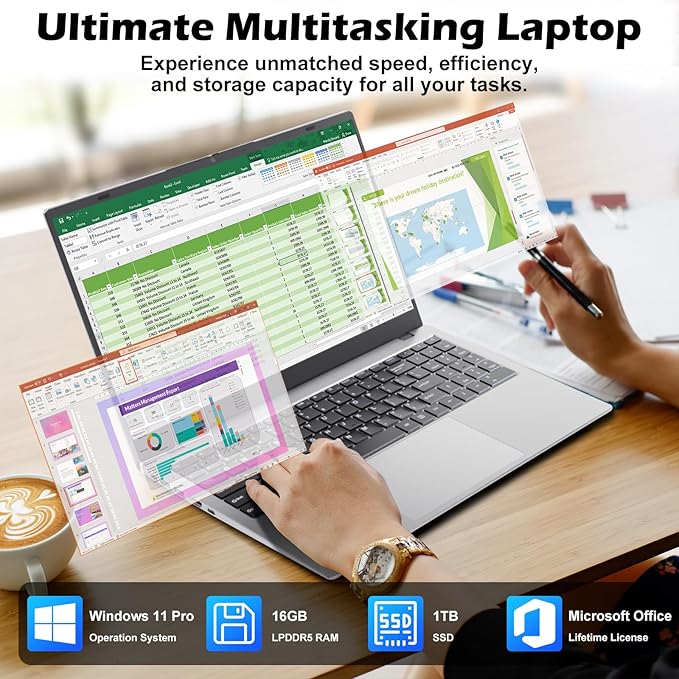 2025 Gina Laptop Computer 15 15.6 Inch FHD for Students & Busiess, 16GB RAM, 1TB SSD, Intel Quad-Core N100(Beat to i3-1115G4, Up to 3.4GHz), Type-C, Webcam, Fingerprint, Free Office, Windows 11 Pro
