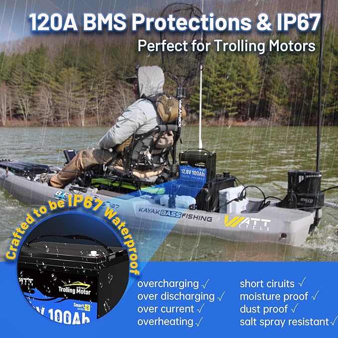 12V 100Ah TM LiFePO4 Lithium Battery, Group 24 with 120A BMS & Smart Bluetooth, IP67, Auto Cut/Recovery, Deep Cycle for Boats, RVs, Marine, Trolling Motors, Solar, Camping, Off-Grid