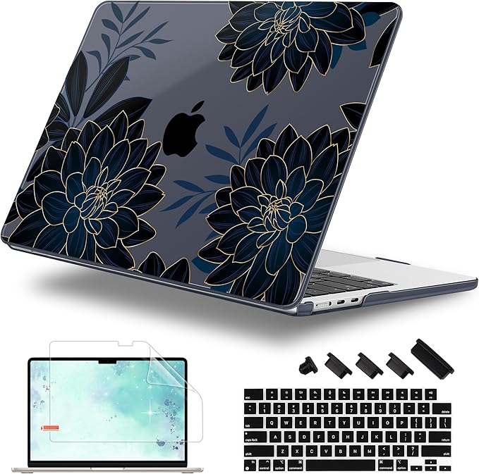 Case for MacBook Air 15 Inch 2025 2024 2023 Release M4 A3241 M3 A3114 M2 A2941, Hard Shell with Screen Protector & Keyboard Cover, Compatible with Touch ID, Flower Dahlia