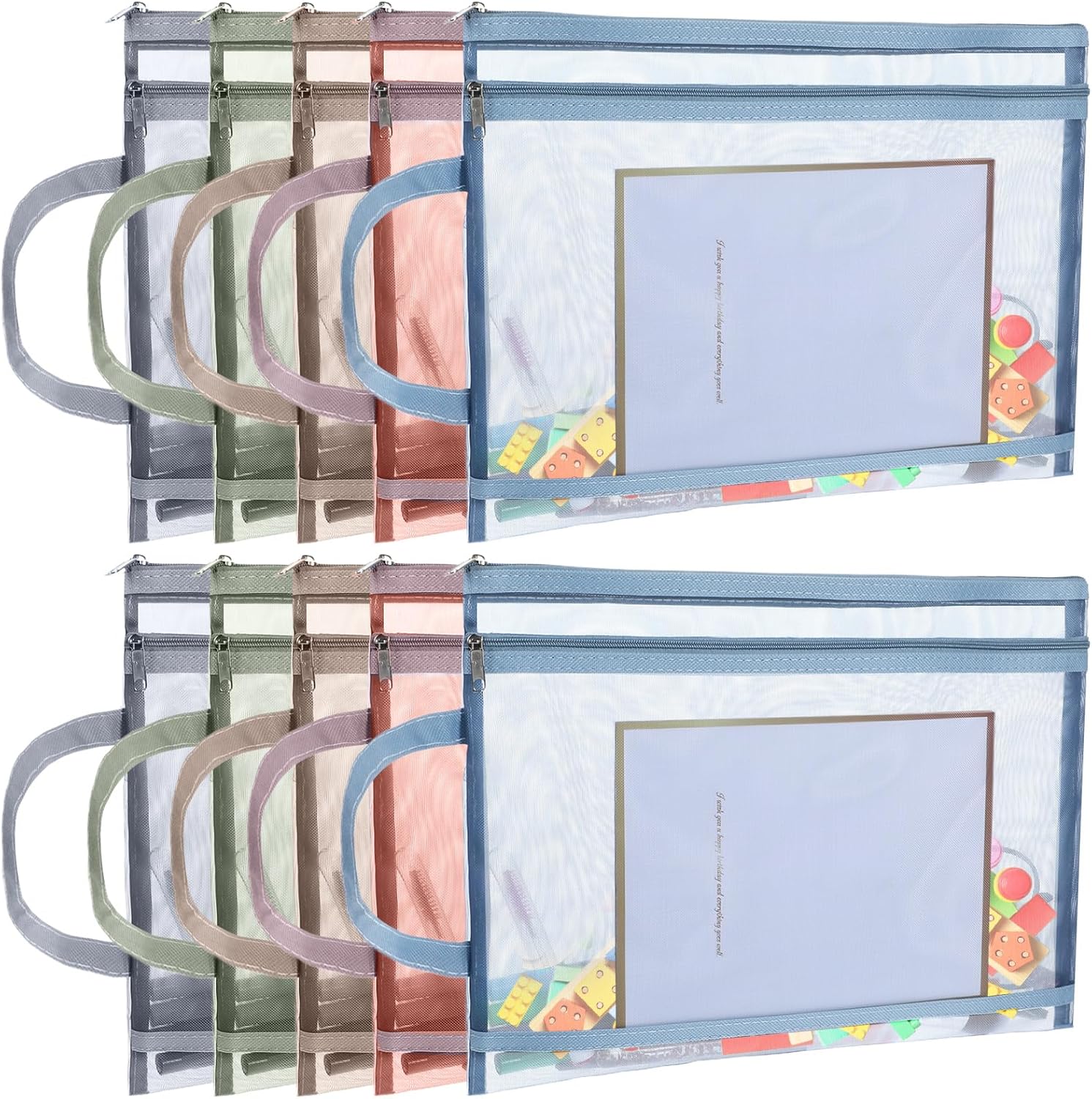 10 Pack Colored Mesh Zipper Pouch Bags, Double-Layer Nylon Puzzle Building Block Sets Toy Storage & Organization, Breathable See Through A4 Zipper Pouch with Handle for School Office Games