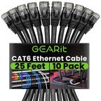 GEARit Cat 6 Ethernet Cable Pack - 10-Pack 25 ft Cat6 Ethernet Patch Cables | RJ45 Network Patch Cable, 10 Gbps Snagless Gold-Plated Connectors - Ethernet Cable Cat 6 for PC, TV, Router - Black