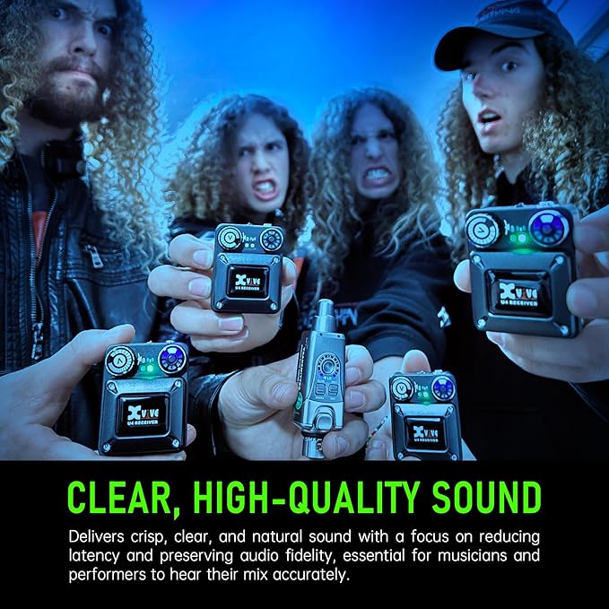 Xvive U4R4 Wireless in-Ear Monitor System Professional IEM System,1 Transmitter and 4 Beltpack Receiver for Studio, Band Rehearsal,Live Performance(U4R4)