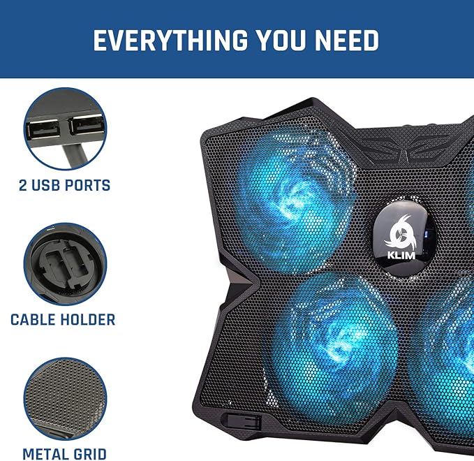 KLIM Wind Laptop Cooling Pad - More Than 500 000 Units Sold - New Version - The Most Powerful Rapid Action Cooling Fan - Laptop Stand with 4 Cooling Fans at 1200 RPM - USB Fan - PS5 PS4 - Cyan