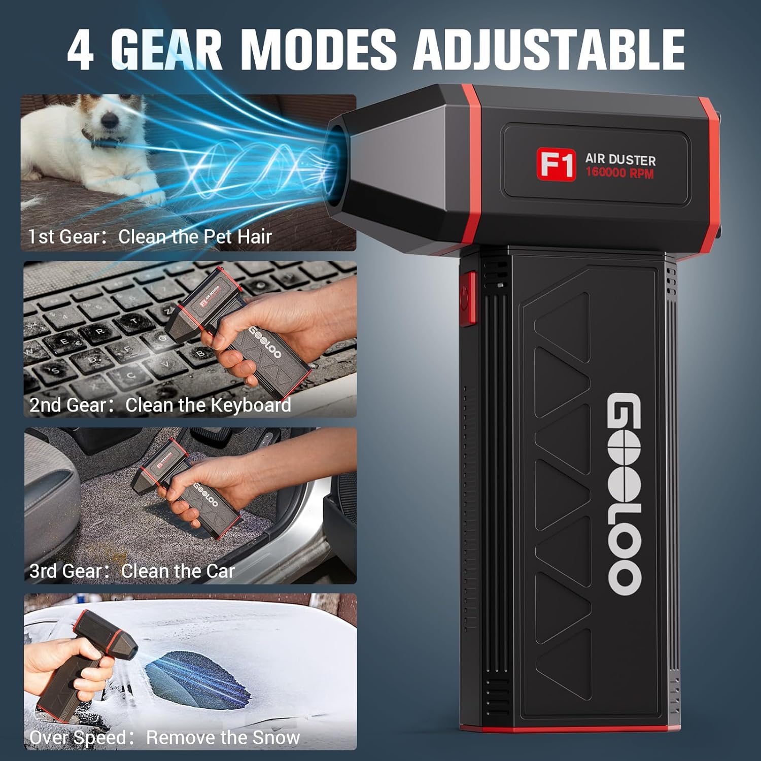GOOLOO F1 Compressed Air Duster,4 Gear 160000RPM Electric Air Duster, Rechargeable Cordless Air Blower with LED Light, Mini Blower Desk Vacuum Cleaning Kit for Computer Keyboard Home Car Dust Removal