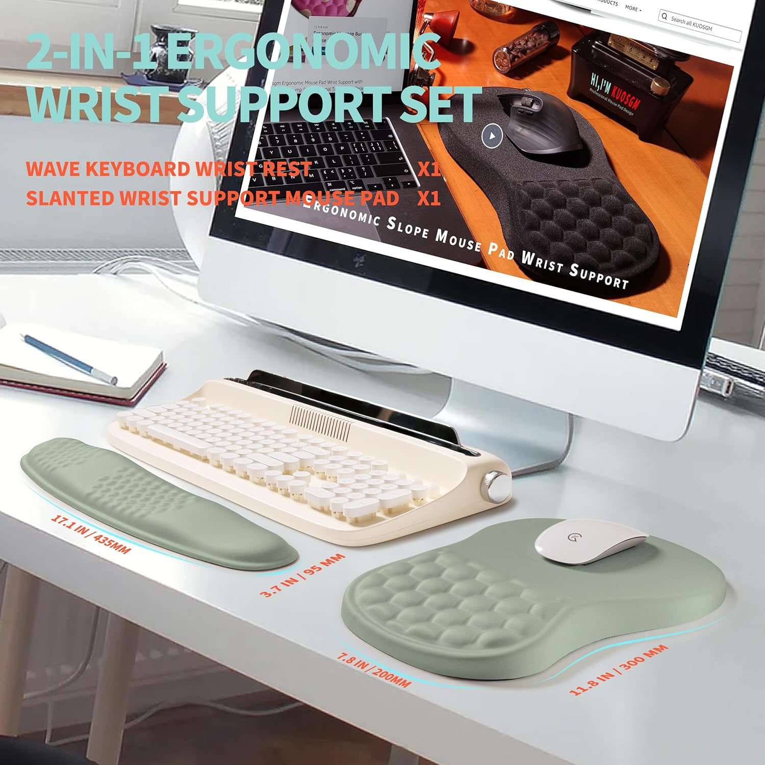 2-in-1 Ergonomic Set, Wave Rise Keyboard Wrist Rest and Massage Bulge Slope Mouse Pad Wrist Support, Cushion Memory Foam Integrated to Relieve Wrist Pain, Light Green