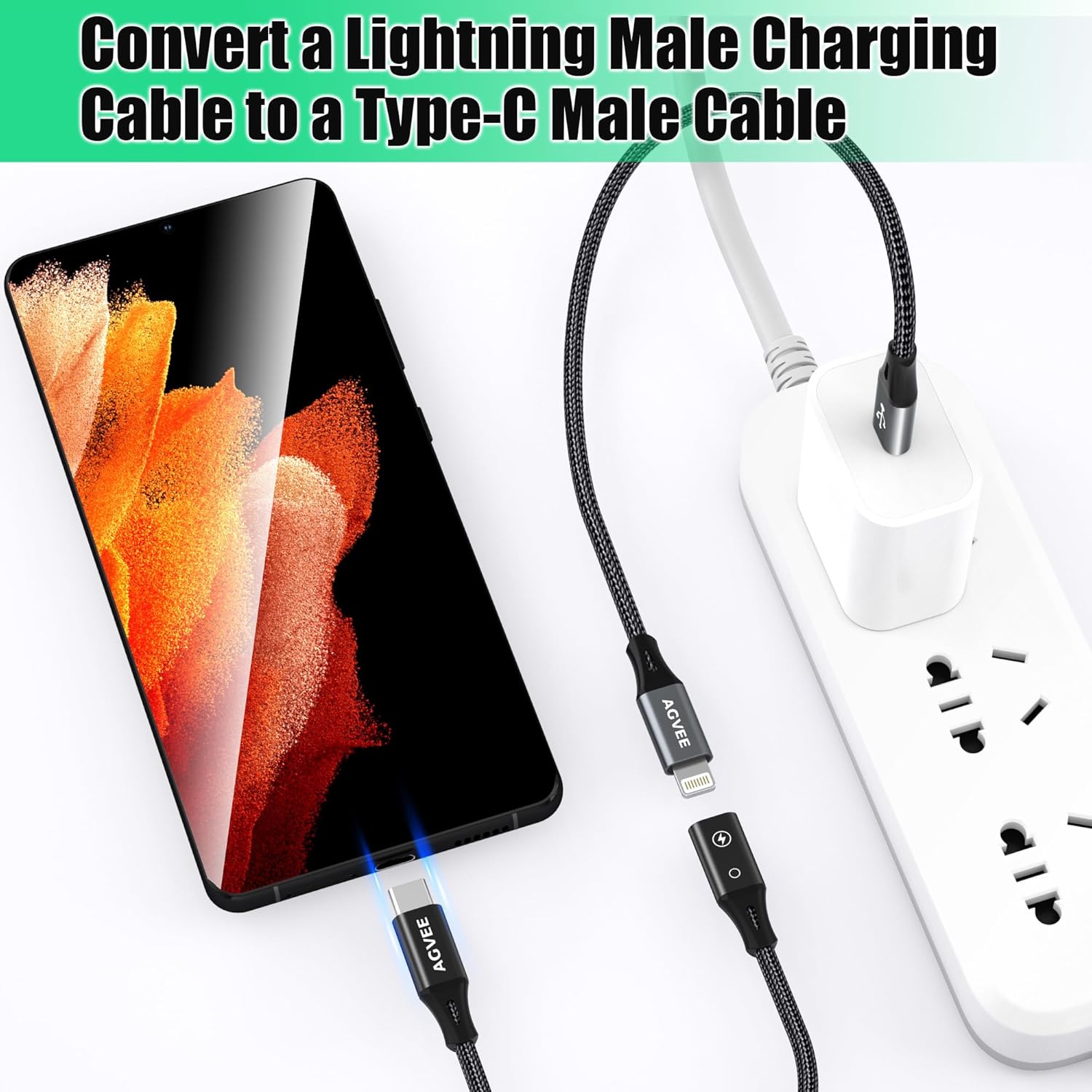 AGVEE 2 Pack 4 inch Lightning Female to USB C Male PD Adapter, 27W Fast Charger Charging Comverter for iPhone 15 16 Plus Pro Max Carplay, Samsung S25 S24 S23 S22, Not for Audio, Black