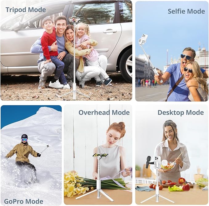 ATUMTEK 63" Phone Tripod, Extendable Selfie Stick Tripod with Bluetooth Remote, All-in-One Aluminum with Cold Shoe Mount for GoPro, 4"-7" iPhone and Android Smartphones, White