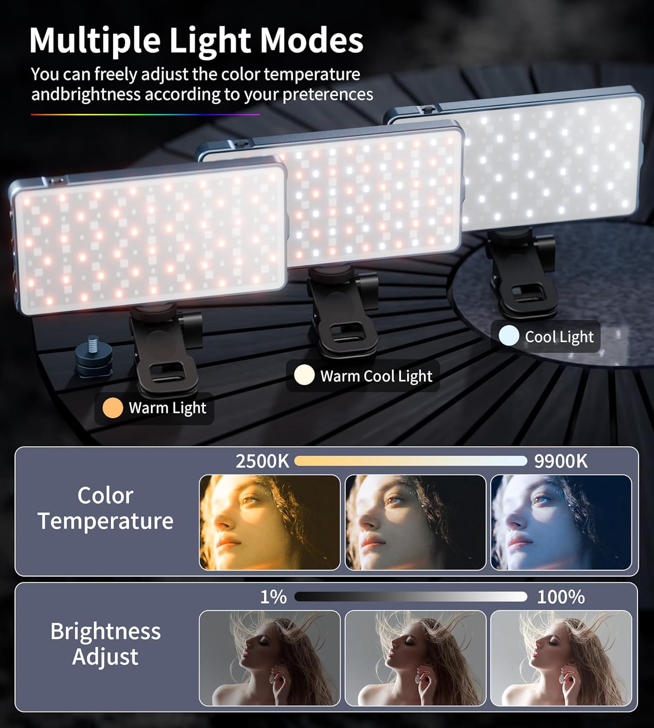 Selfie Camera Phone Light with Metal Hotshoe & Clip, CRI 96+ 2500K-9900K Rechargeable RGB Video Light for Laptops, Cameras, Selfie, Video Conference, TikTok Live Streaming, Filming