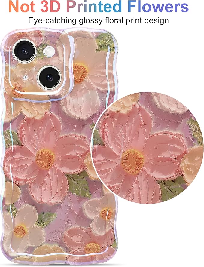 Jusy Case for iPhone 15, Colorful Retro Oil Painting Printed Flower Laser Blue Glossy Pattern Cute Curly Wave Phone Case Soft TPU Cover for Girly Women -Pink