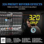 Audio Mixer 12 Channel Professional Mixer Console with 320 DSP Effects, 7-band EQ Sound Mixing Board Digital DJ Mixer w/USB Bluetooth MP3 for Recording, Independent 48V Power & Mute Button