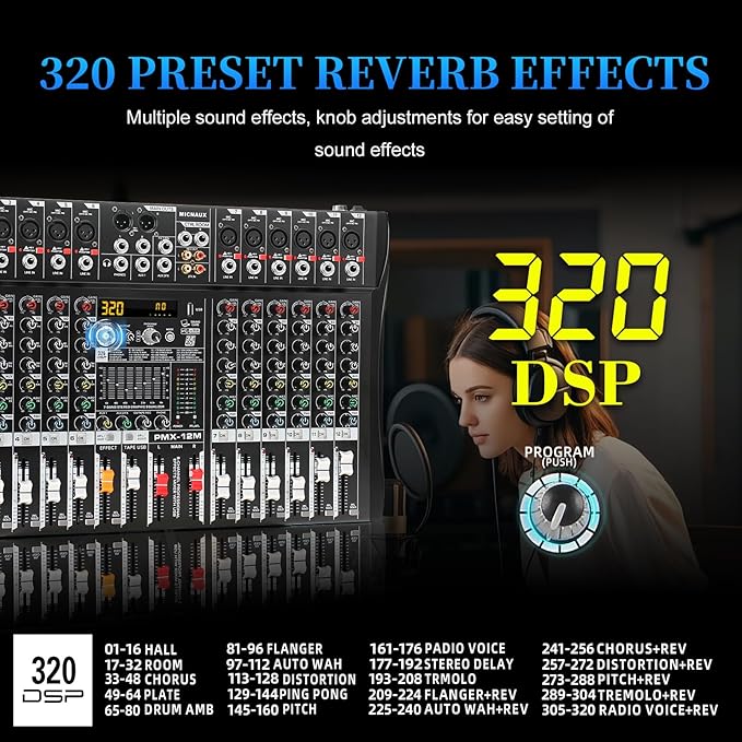 Audio Mixer 12 Channel Professional Mixer Console with 320 DSP Effects, 7-band EQ Sound Mixing Board Digital DJ Mixer w/USB Bluetooth MP3 for Recording, Independent 48V Power & Mute Button