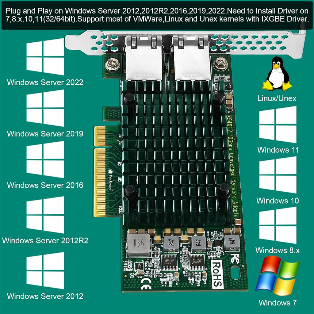 PCIE X8 Interface to 2X 10Gbps RJ45 Ports Network Adapter, Intel X540-AT2 Ethernet Controller, 2X 10GbE RJ45 Interface PCIE NIC Card, PCI Express 10GbE Converged Network Adapter (X540T2)