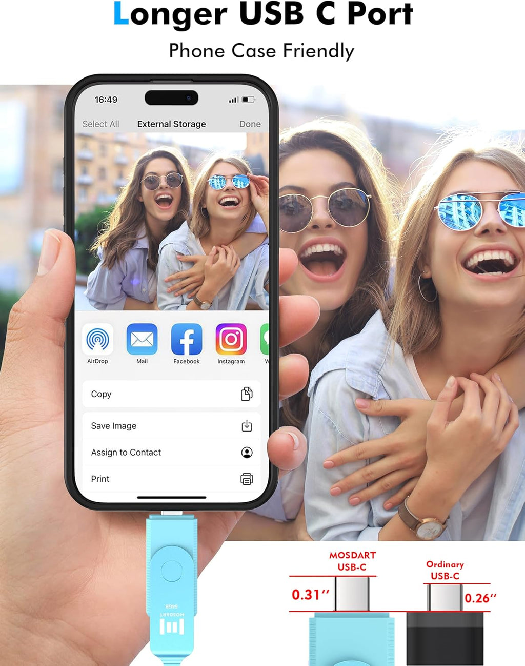 MOSDART 64GB USB3.1 Fast Speed C and A Dual Flash Drive, exFAT Memory Stick with Keychain and LED Indicator, for iPhone 15 and 16, Android Phone, iPad, MacBook, and Other Laptops, Sky Blue