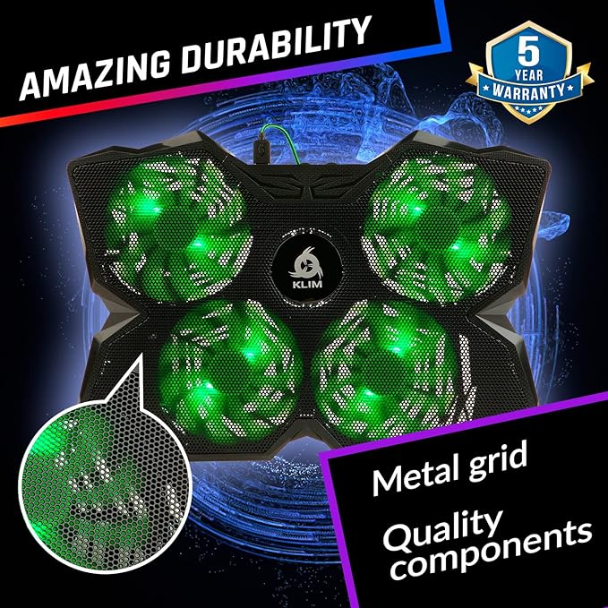 KLIM Wind Laptop Cooling Pad - Support 11 to 17 Inch Laptops, PS4-4 Fans - Light, Quiet, Powerful Cooling - Gamer USB Slim Portable Laptop Stand - New 2021 Version - Green