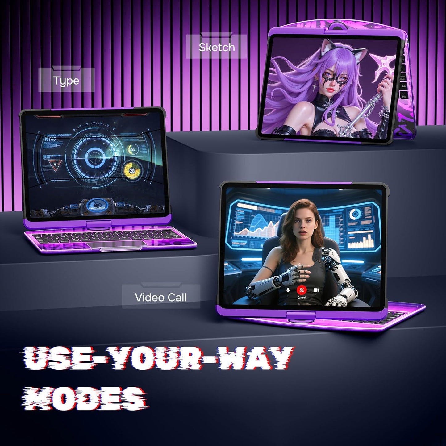 KITONE Transparent Case with Wireless Keyboard for iPad Air 13-in.(M3/M2, 2025/2024), 7 Colors Backlight, Trackpad, 360°Rotating Stand for iPad Pro 12.9-in (6/5/4/3 Gen), Tech Style