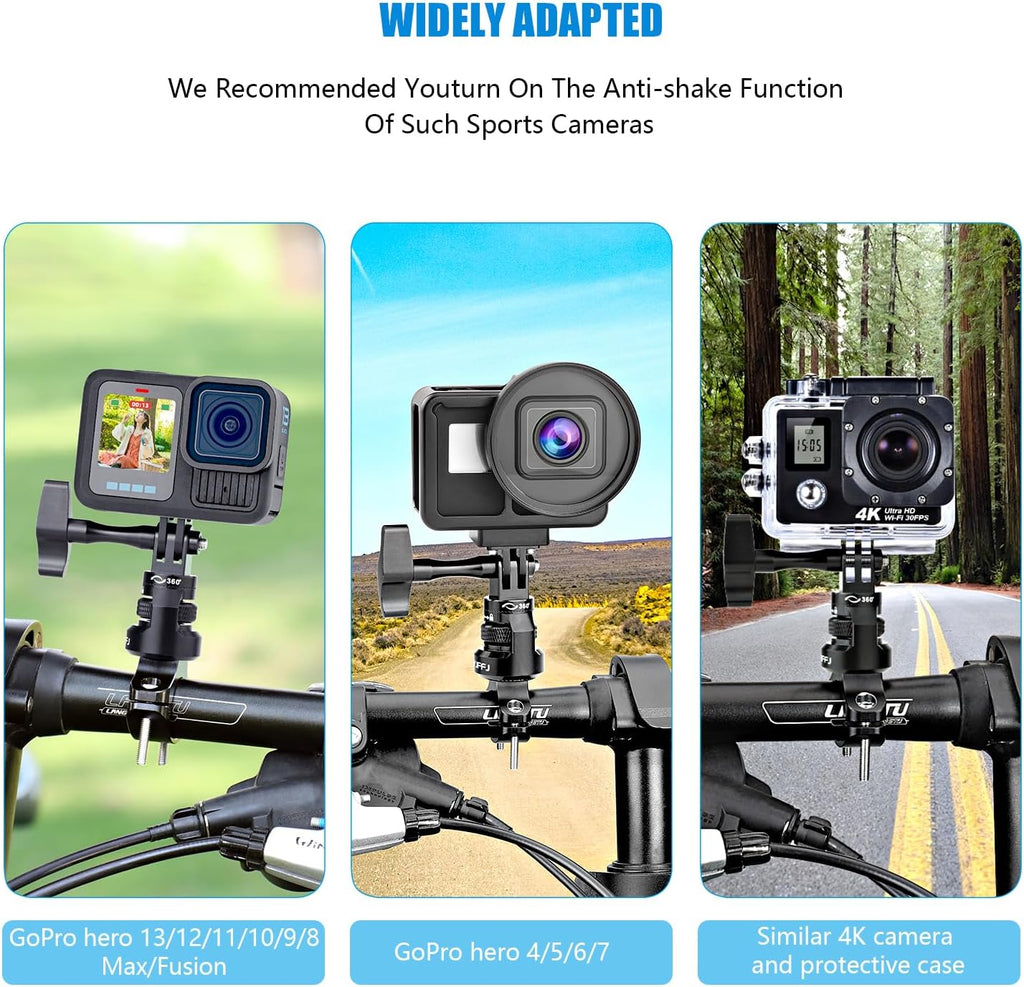 Bike Handlebar Mount for GoPro, 360 Degree Aluminium Alloy Motorbikes Round Tube Mount for Hero 13/12/11/10/9/8 and Other Action Cameras
