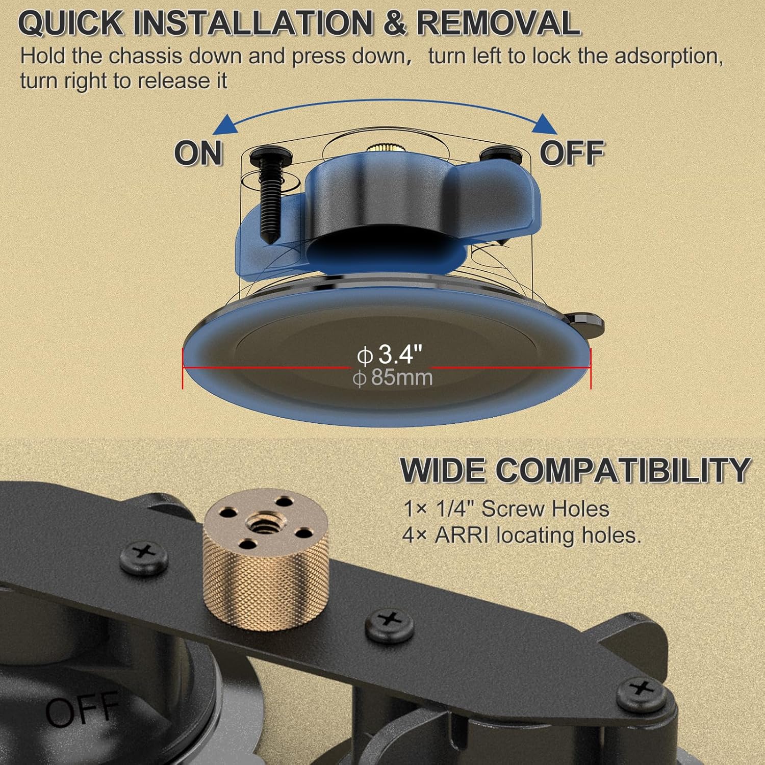 MINIFOCUS Dual Suction Cup Mount, Twist-Lock Dual Suction Cup Base with Camera Thread Adapter, Quick Release Double-Layer Suction, Windshield Window Car Mount for Magic Arm Gopro Adapter